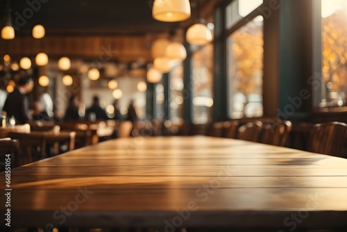 Empty wooden table top with restaurant full of guests in background with bokeh autumn sunlight. Generative Ai. photo