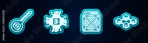 Set line Cryptocurrency key, CPU mining farm, ASIC Miner and Blockchain technology. Glowing neon icon. Vector