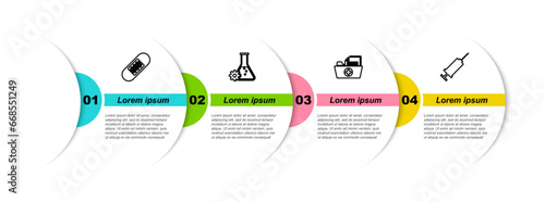 Set line Bandage plaster, Bioengineering, Health record folder and Syringe. Business infographic template. Vector