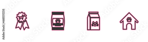Set line Dog award symbol, Bag of food for cat, pet and house and paw print icon. Vector