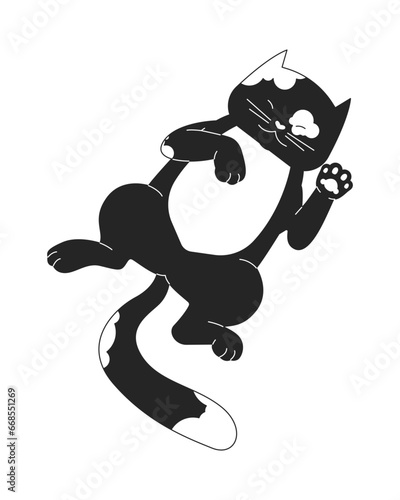 Spotted domestic cat laying down on back black and white 2D line cartoon character. Cute kitten isolated vector outline animal. Relaxing animal. Kitty sleeping pet monochromatic flat spot illustration