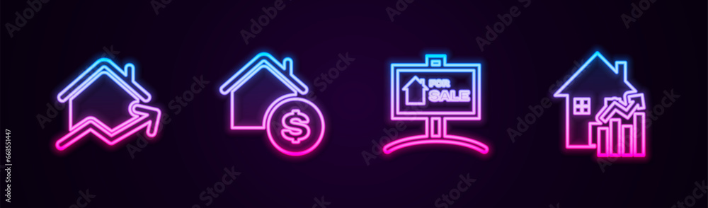 Set line Rising cost of housing, House with dollar, Hanging sign For Sale and . Glowing neon icon. Vector Set line Rising cost of housing, House with dollar, Hanging sign For Sale and . Glowing neon icon. Vector