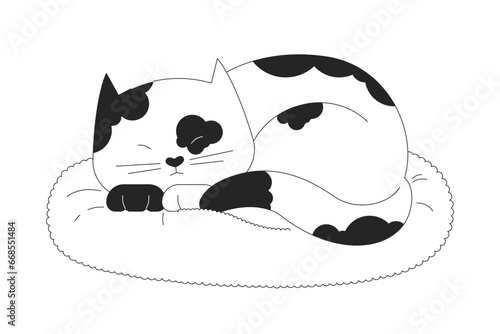 Lazy spotted cat sleeping on pillow black and white 2D line cartoon character. Cute kitten isolated vector outline animal. Comfortable pet. Kitty laying down monochromatic flat spot illustration