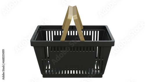 PPlastic bag shopping basket with gold handles. Isolated supermarket shopping cart. 3d rendering photo