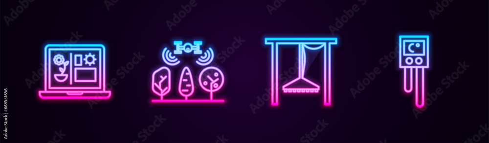 Set line Smart farming technology, with drone, Automatic irrigation sprinklers and Temperature and humidity sensor. Glowing neon icon. Vector Set line Smart farming technology, with drone, Automatic irrigation sprinklers and Temperature and humidity sensor. Glowing neon icon. Vector