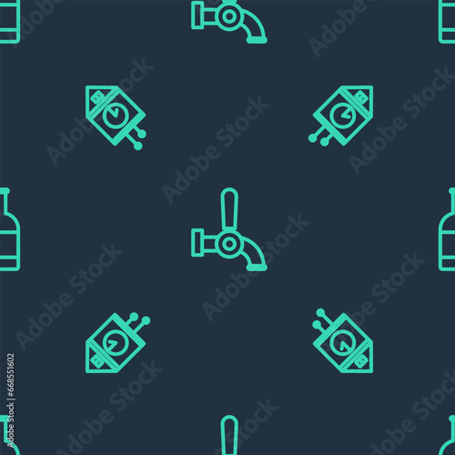 Set line Beer tap, Retro wall watch and bottle on seamless pattern. Vector
