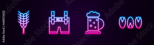 Set line Wheat, Lederhosen, Wooden beer mug and Pistachio nuts. Glowing neon icon. Vector