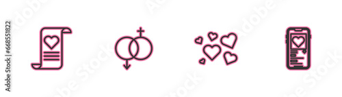 Set line Envelope with Valentine heart, Heart, Gender and Mobile icon. Vector