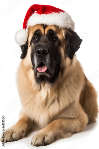 Big purebred dog in Santa Claus Christmas red hat on white background