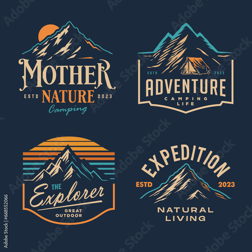 Collection of Mountain Peak Landscape Outdoor Silhouette Label Logo Design. set of vintage adventure badge . Camping emblem logo with mountain illustration in retro hipster style