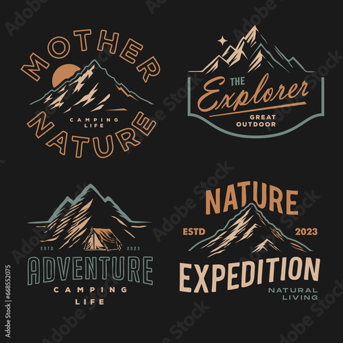 Collection of Mountain Peak Landscape Outdoor Silhouette Label Logo Design. set of vintage adventure badge . Camping emblem logo with mountain illustration in retro hipster style