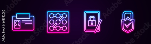 Set line Identification badge, Graphic password protection, Tablet with closed padlock and Lock and check mark. Glowing neon icon. Vector