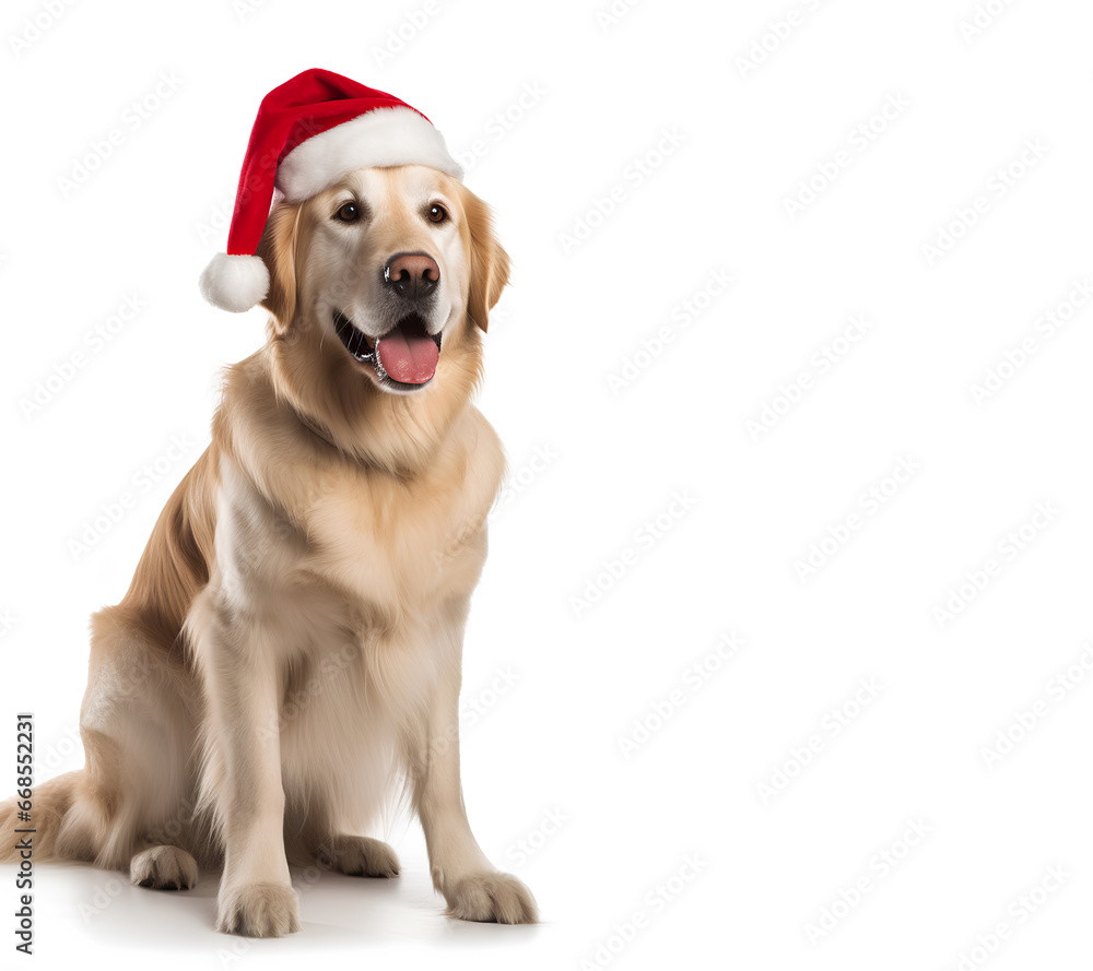 Smiling golden retriever dog in Santa Claus Christmas red hat on white background with space for text Smiling golden retriever dog in Santa Claus Christmas red hat on white background with space for text