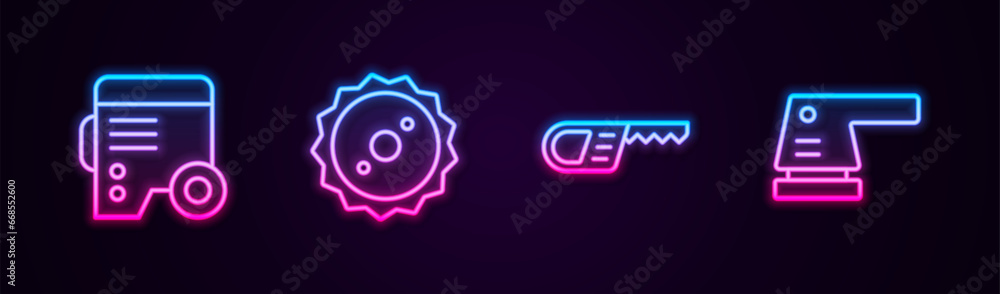 Set line Power electric generator, Circular saw blade, Reciprocating and Electric sander. Glowing neon icon. Vector Set line Power electric generator, Circular saw blade, Reciprocating and Electric sander. Glowing neon icon. Vector