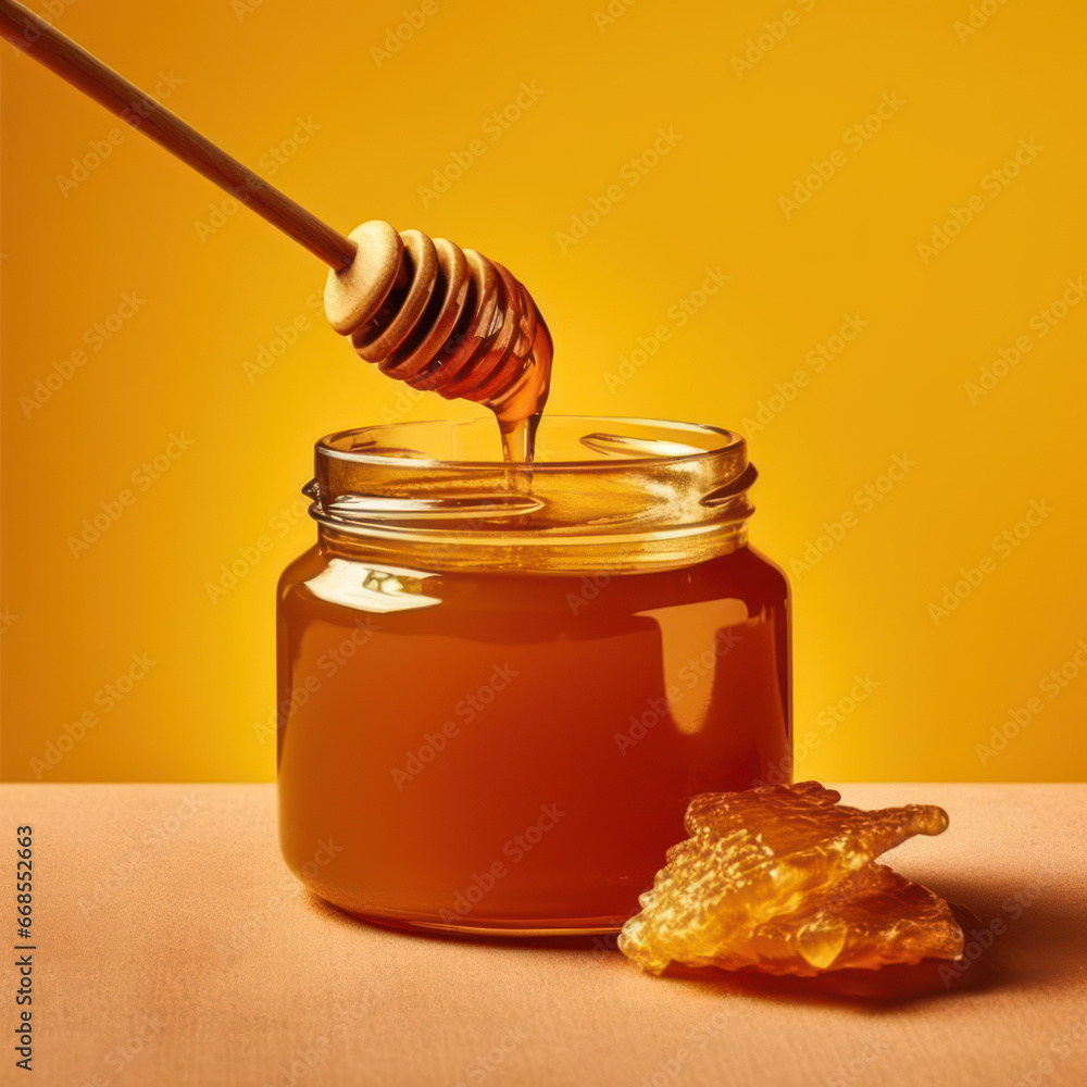 A jar of honey and a honey dipper on a yellow
A jar of honey and a honey dipper on a yellow