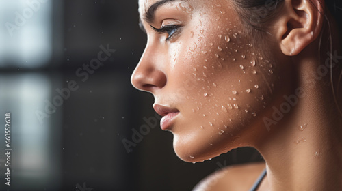 exercise, gym, sweat, sweating, drenched, drenched in sweat, water, face, woman, eyes, people, closeup, expression, close up, lips, smile, model, eye, serious, mouth, look