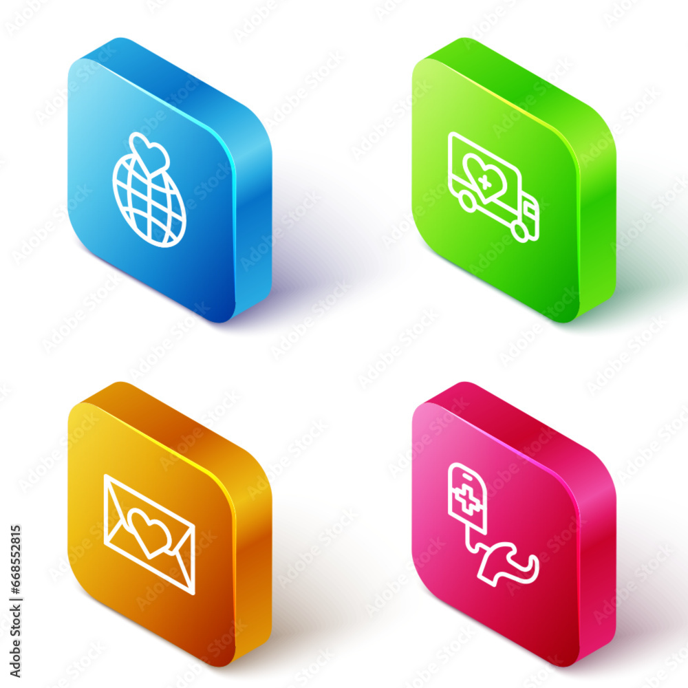 Set Isometric line Hand holding Earth globe, Humanitarian truck, Envelope with heart and Blood donation icon. Vector Set Isometric line Hand holding Earth globe, Humanitarian truck, Envelope with heart and Blood donation icon. Vector