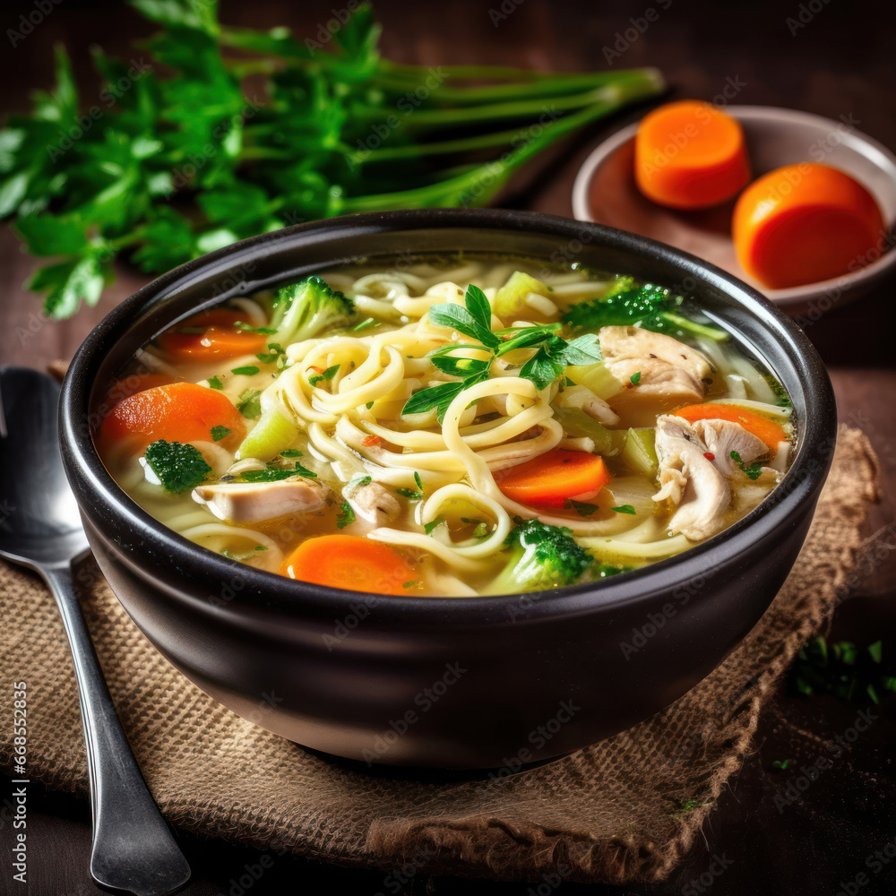 A bowl of soup with noodles chicken and vegetables
A bowl of soup with noodles chicken and vegetables