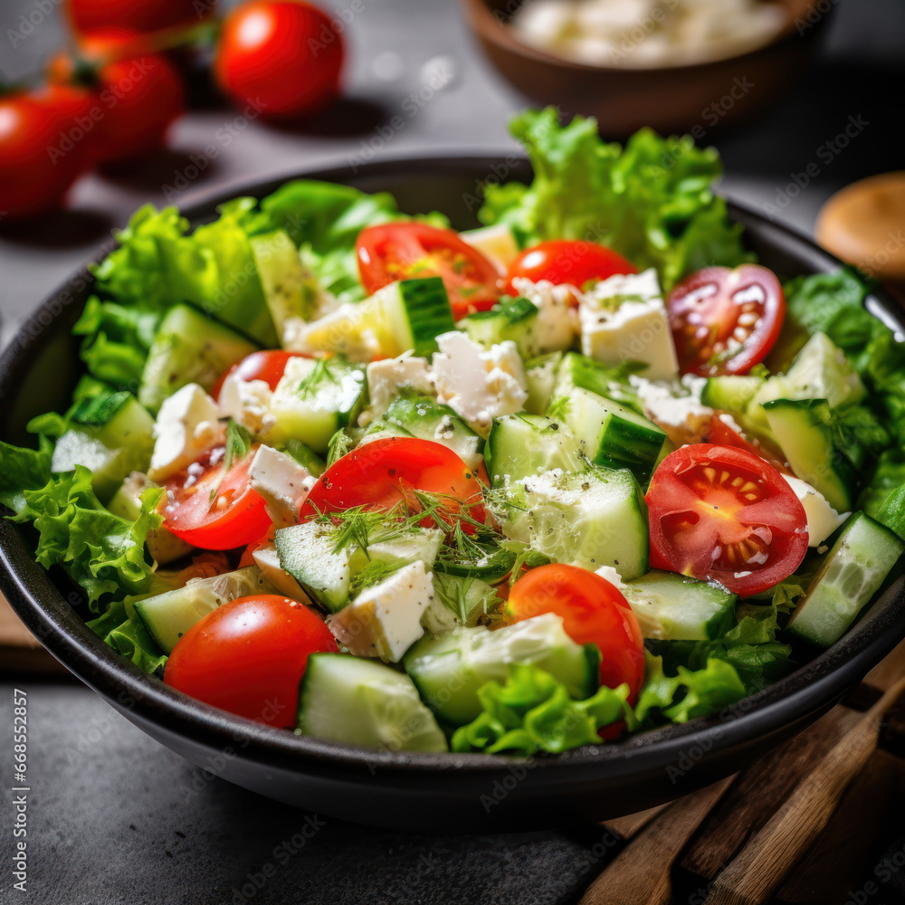  A bowl of salad with lettuce tomatoes cucumbers
