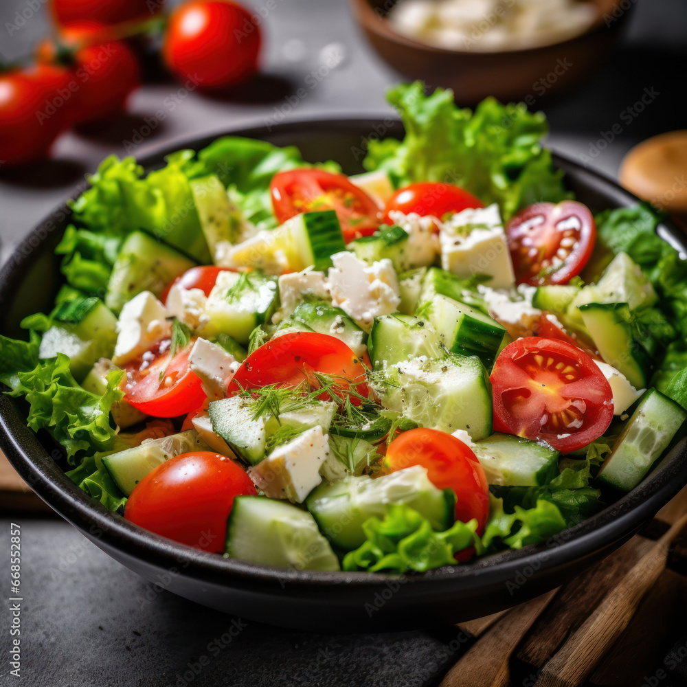 A bowl of salad with lettuce tomatoes cucumbers
A bowl of salad with lettuce tomatoes cucumbers
