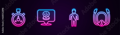 Set line Stopwatch, Scallop sea shell, Wetsuit for scuba diving and Diving mask with snorkel. Glowing neon icon. Vector