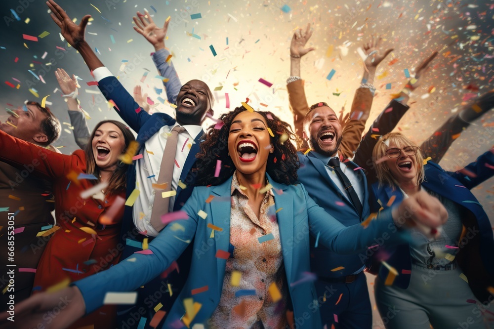 Group of diverse businesspeople cheering celebrate and victory to business success with colleagues, Smiling multiethnic colleagues celebrate shared business success or victory in office - obrazy, fototapety, plakaty 