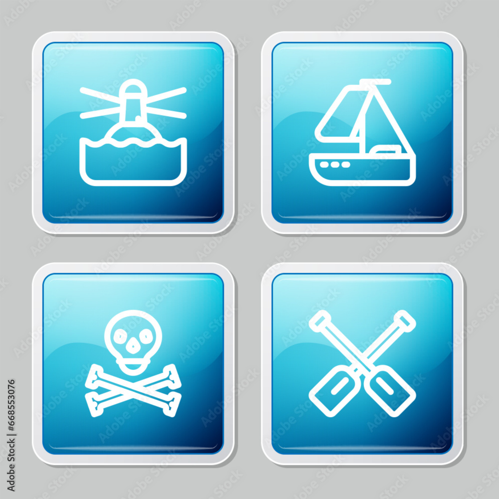 Set line Lighthouse, Yacht sailboat, Skull on crossbones and Paddle icon. Vector