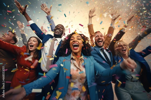 Group of diverse businesspeople cheering celebrate and victory to business success with colleagues, Smiling multiethnic colleagues celebrate shared business success or victory in office photo