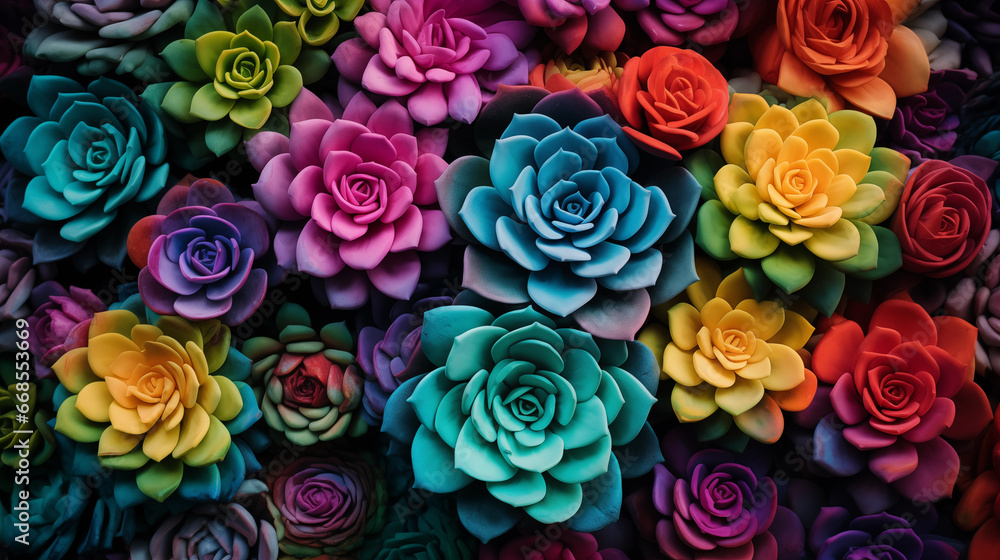 Beautiful view of rainbow succulents from above, for wallpaper use
