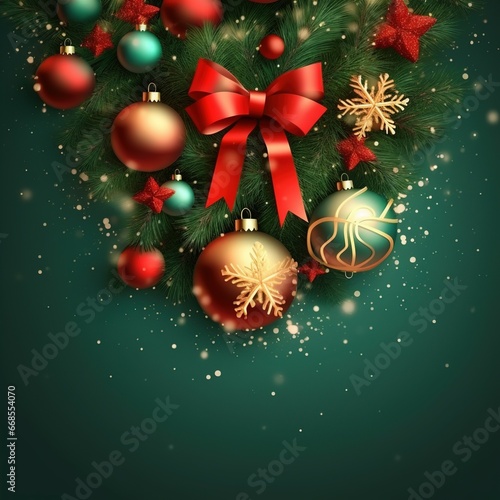 Christmas background decoration with red green ball with beautiful ribbon on dark green background.