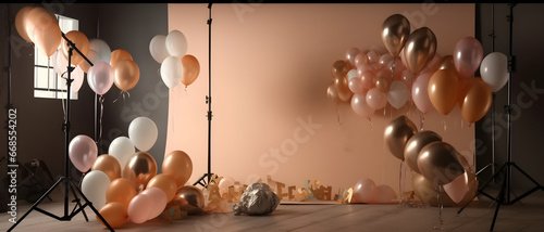 Birthday theme photo studio with balloons with beige background photo