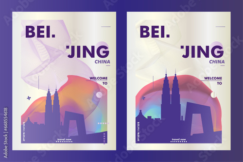 China Beijing city poster pack with abstract skyline, cityscape, landmark and attraction. Travel vector illustration layout set for vertical brochure, website, flyer, presentation