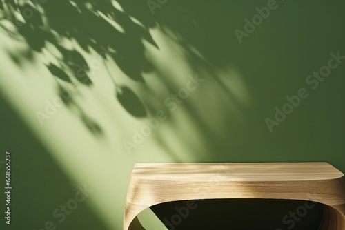 morning sunlight with dappled light on blank green wall in background. Beauty, skincare, cosmetic products display backdrop. Natural. generative ai. photo