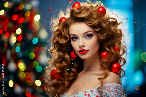Beauty young woman model with Xmas toys in hair dress.
