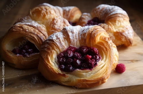 Viennoiserie berries pastry bakery on wooden table. Cuisine sweet snack cake recipe. Generate Ai photo