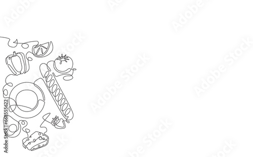 Food. Continuous line drawing illustration on cooking theme with empty space for text. Vector frame.	