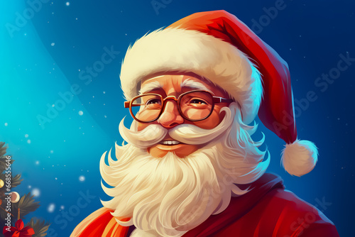 Close up of Santa Clause wearing glasses and Santa hat in cartoon style.