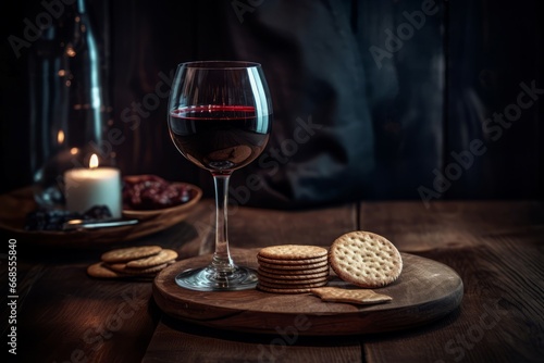 Wine glass crackers board. Gourmet of grapes with nuts cheese plate. Generate Ai