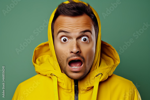 Man in yellow jacket with his mouth open and surprised on color background.