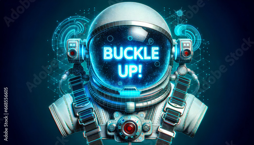 3D design of a space helmet with an integrated seatbelt system. As an astronaut gears up, the words BUCKLE UP! appear holographically, indicating preparation for a space journey.