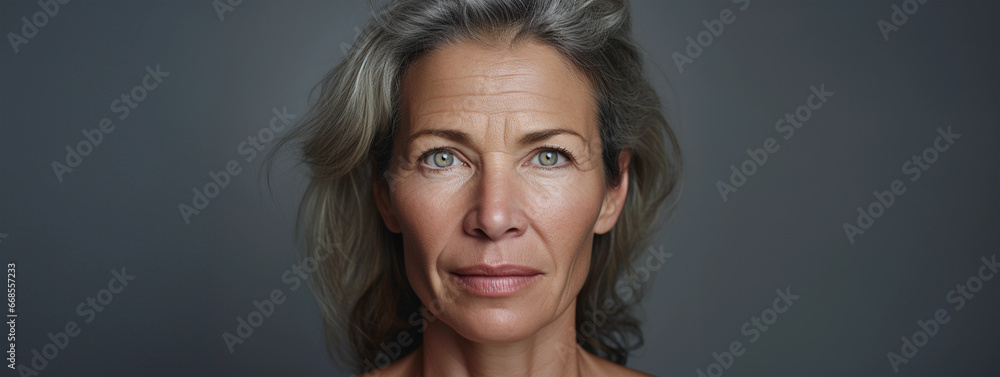 Close up portrait of beautiful mature middle aged blonde woman with natural look, aging skin, gray background Close up portrait of beautiful mature middle aged blonde woman with natural look, aging skin, gray background