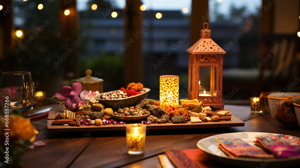 Wooden table adorned with Diwali holiday