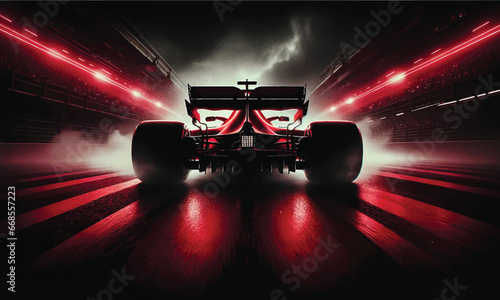 Illustration ESP, A thrilling rear view of a red Formula 1 car on a high-speed racetrack, designed to capture the essence of speed and excitement.