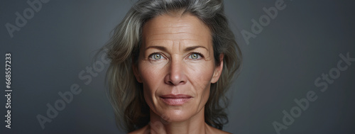 Close up portrait of beautiful mature middle aged blonde woman with natural look, aging skin, gray background