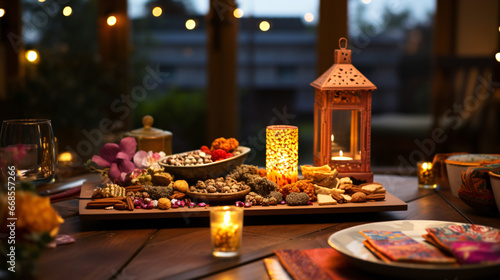 Wooden table adorned with Diwali holiday