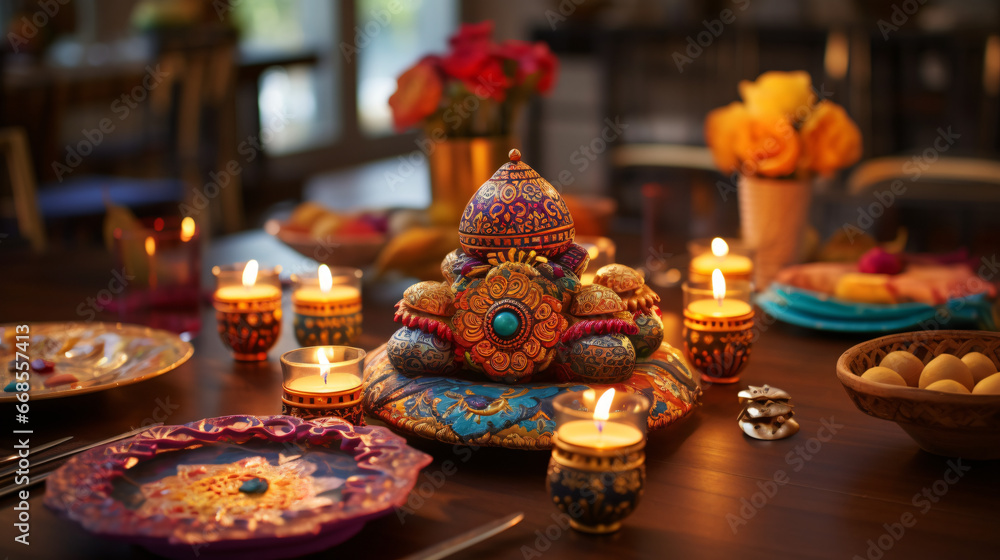 Wooden table adorned with Diwali holiday