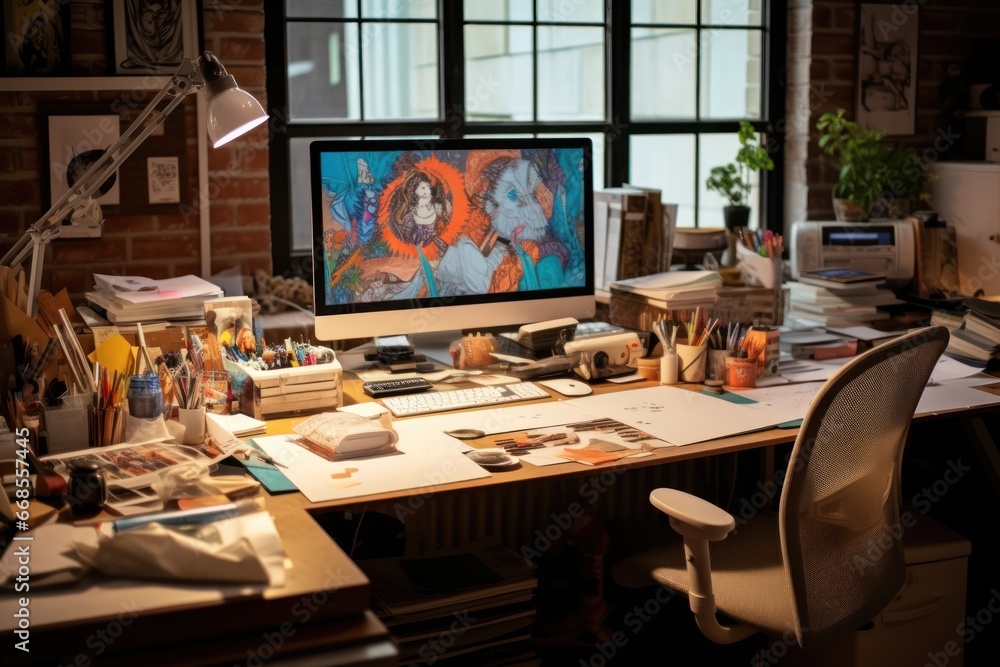 A designer's desk with a computer, designer's working table