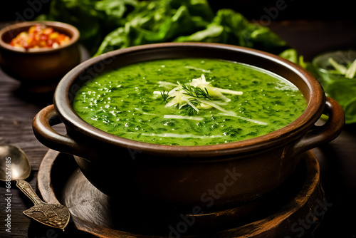 Traditional spinach soup in a bowl.