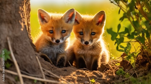 Two red fox, cubs looking around near den on a sunny day in summer. Generative AI