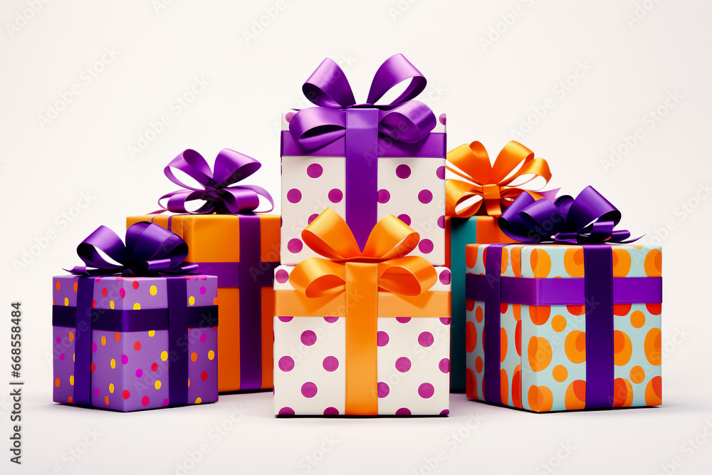 Fototapeta premium Clipart various-sized boxes wrapped in vibrant papers on white background.